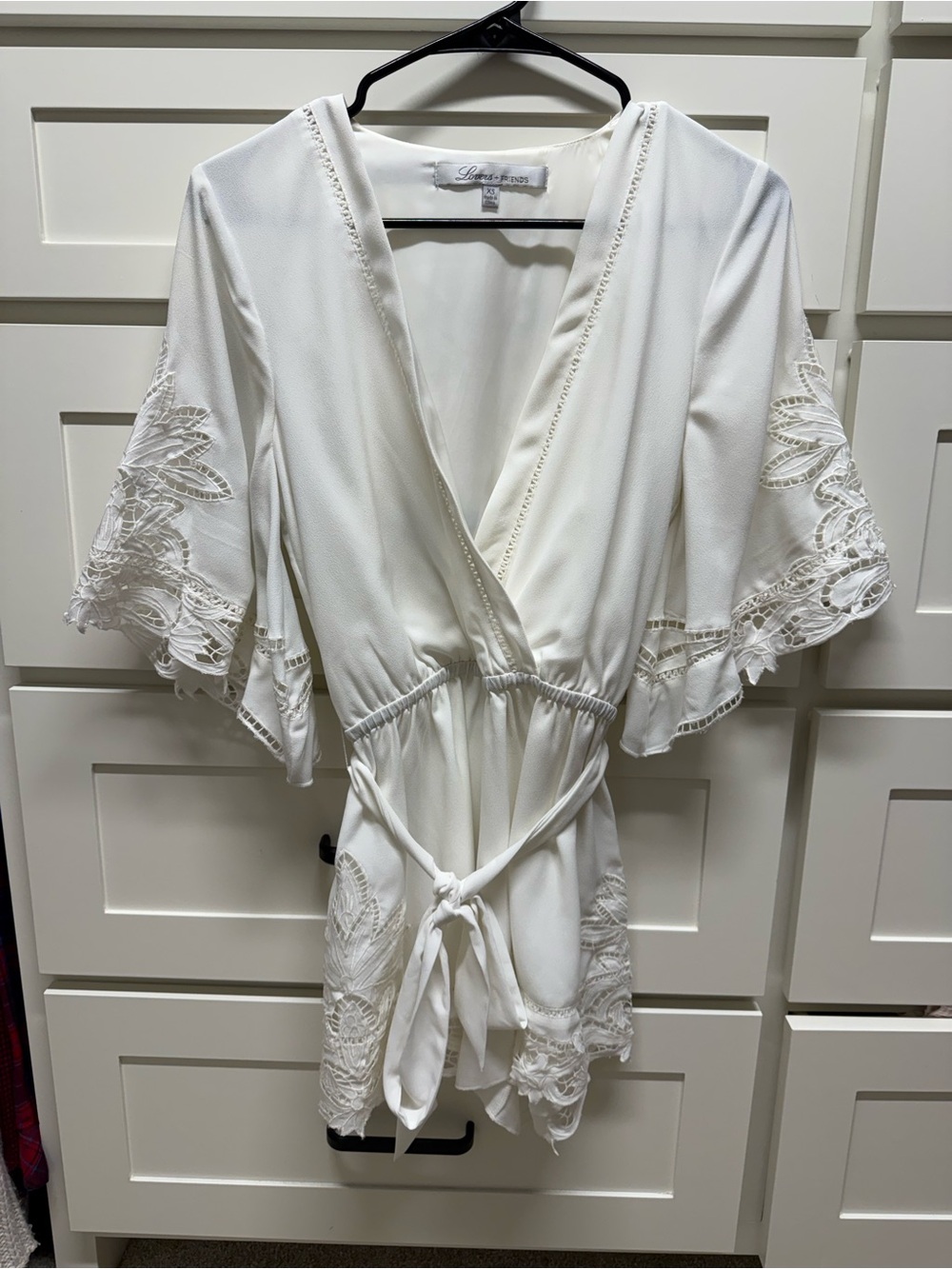 Lovers + Friends White Lace-Trim Wrap Romper